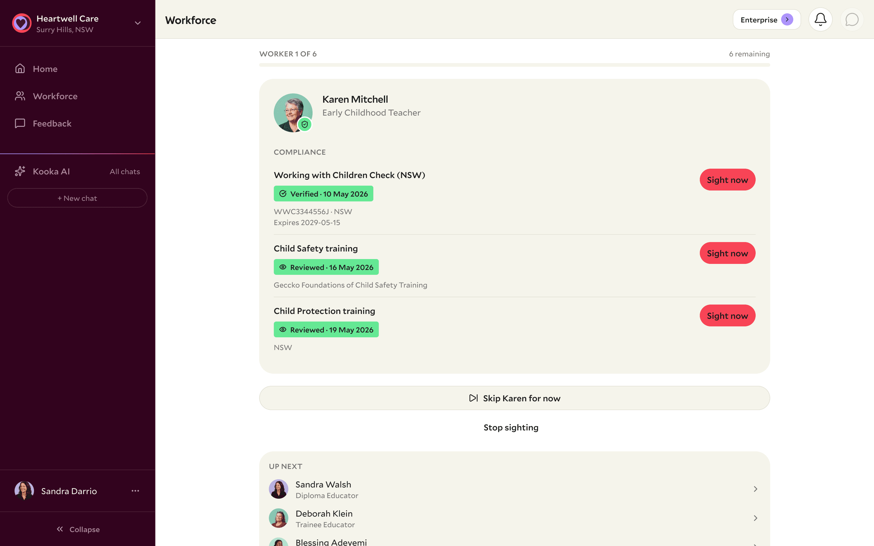 Koora NECWR sighting workflow showing pre-cleared credentials ready for AP/NS sighting